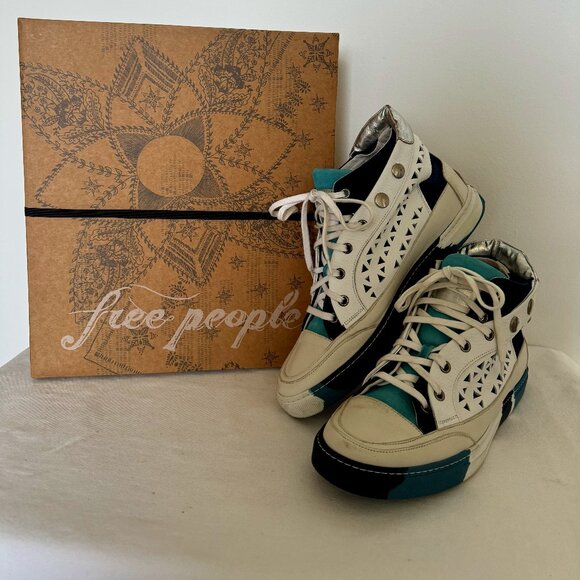 Free People Connor Hi Top Blue and White Laser Cut and Studded Sneaker Size 40 - Picture 1 of 11